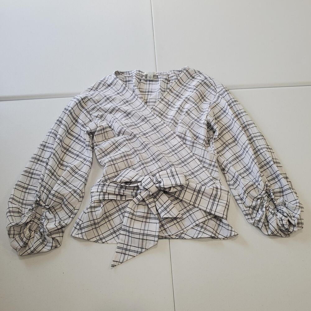 Sundance Blouse Womens Small Plaid Wrap Top Puff Sleeve Bow Tie White Black